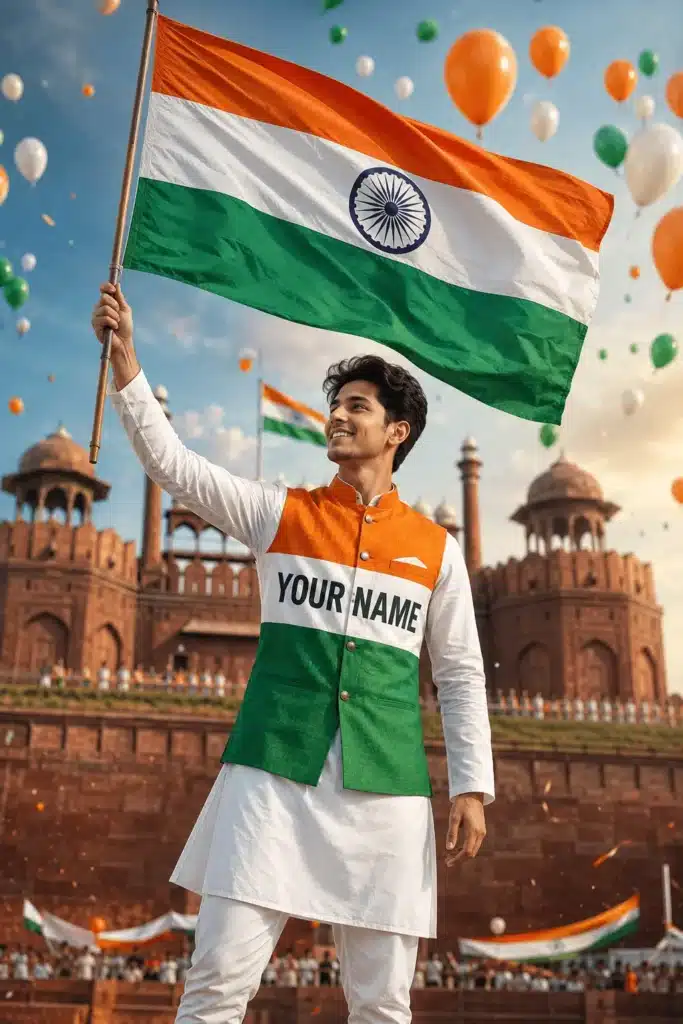 Traditional White Kurta with Nehru Jacket & Flag
